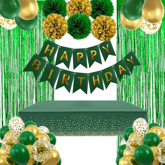 绿色生日装饰，翠绿色和金色气球派对装饰生日快乐横幅翠绿色流苏窗帘生日桌布纸绒球女士男士生日装饰