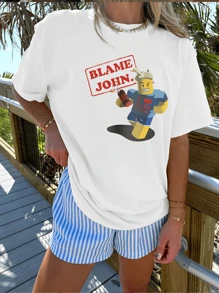 Blame John   Graphic Printed Casual Round Neck Short Sleeve T-Shirt Women's Summer Tops