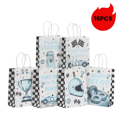 4/12件赛车主题礼品袋，各种赛车元素图案，适合主题派对、返校派对、生日、商务购物、派对礼品包装、返校季节，适用于假期、活动、同学聚会、圣诞节和万圣节派对等。