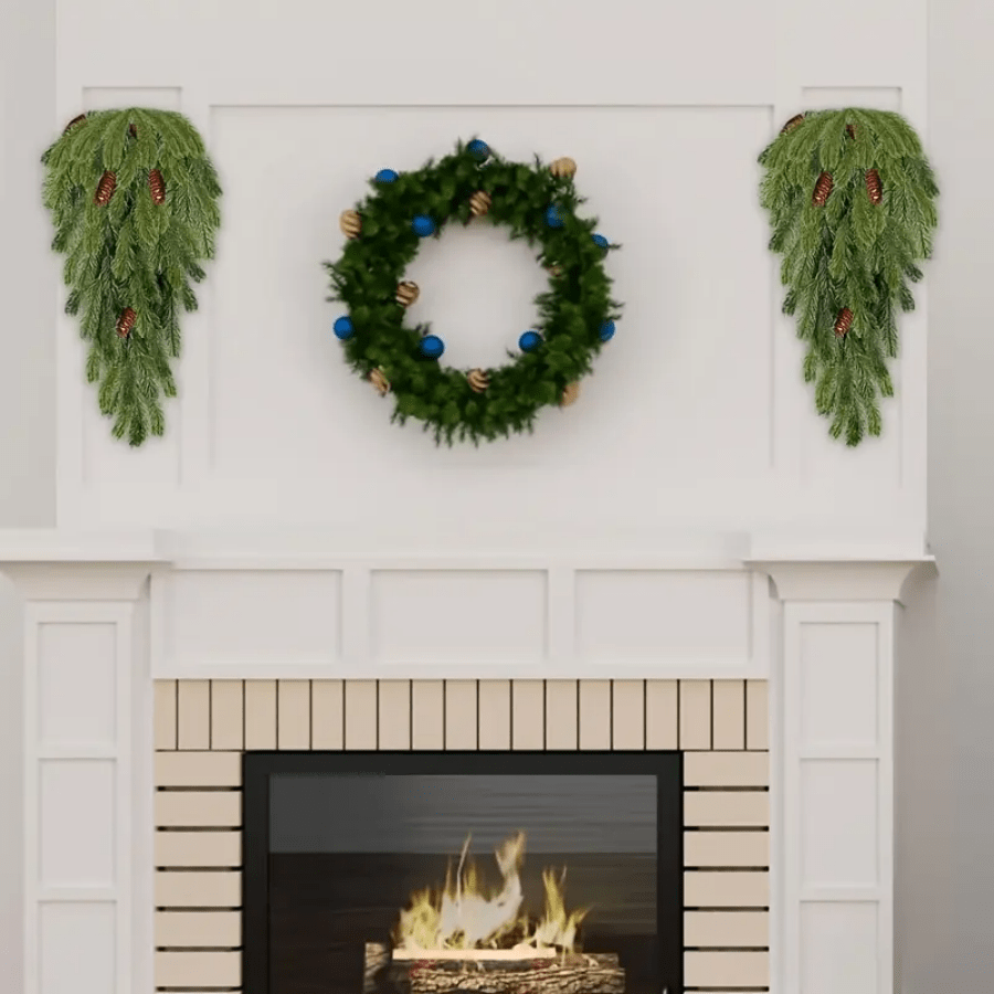 2pcs 77.98cm Artificial Christmas Tree Branches, Teardrop Fir Wreath With Pinecones, Plastic Hanging Wreath For Holiday Wall, Door, Fireplace Decor, Indoor/Outdoor Use, No Power Required