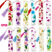 12 件亚克力书签、学习用品、文具礼品书、办公书签、干花书签、花朵书签、带流苏的花朵页面标签、随机选择的节日礼物流苏颜色 - 多色1 - 查看 12