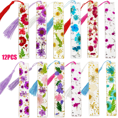 12 Pieces Of Acrylic Bookmarks, Learning Supplies, Stationery Gift Books, Office Bookmarks, Dried Flower Bookmarks, Flower Bookmarks, Flower Page Labels With Tassels, Randomly Selected Holiday Gift Tassel Colors
