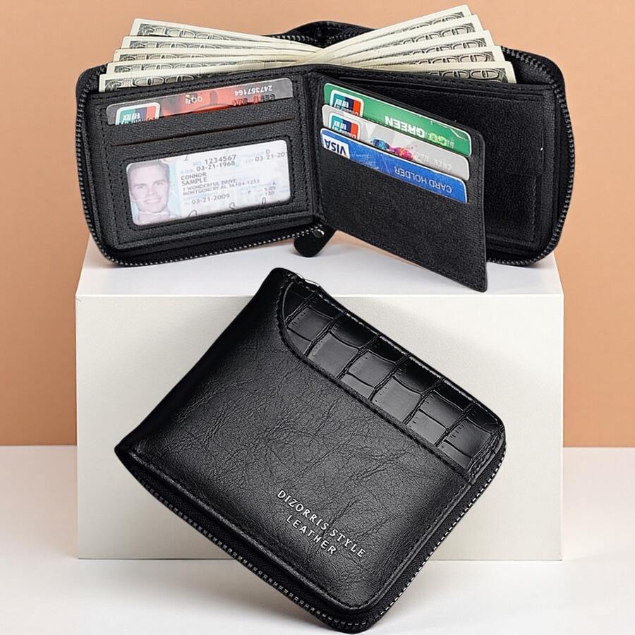 Dizorris Anti-Theft Bifold Men's Wallet, Retro Short Imitation Belt Wallet, Multifunctional Fashion With Card Slots, Cash And Coin Storage, Complete Zipper Closure, Simple And Atmospheric Design, Perfect Gift For Travel, Holidays, Birthdays And Special Occasions - 黑色 - 查看 1