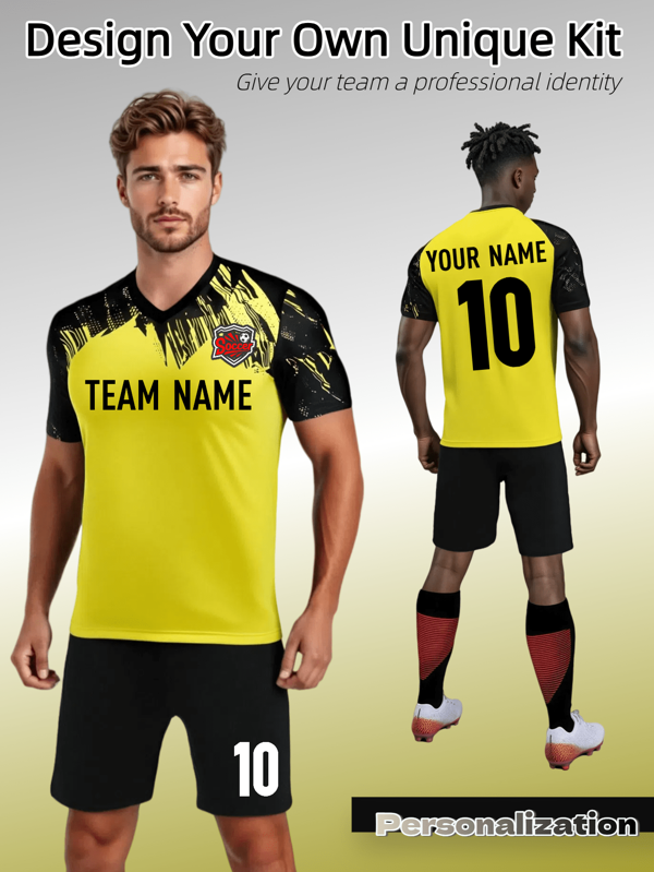 2pcs Custom Soccer Kit: Fully Personalizable. Dortmund Yellow Patterns With Black Trim Offer Edgy Style, Combined With Flexible, Breathable Fabric. Designed For Creative Teams, Matches, And Showcasing Unique Individuality Through Bold, Fashion - Forward Design.