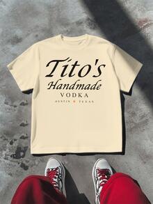 Camiseta casual de algodón 100% con doble impresión del gráfico de Tito's Handmade Vodka Austin Texas - Albaricoque - Ver 2