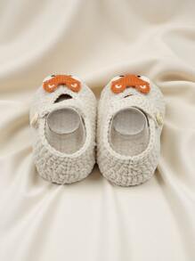 1 Pair Infant Knit Booties With Fox Design, White And Beige, Mary Jane Style With Button Strap - Beige - View 7