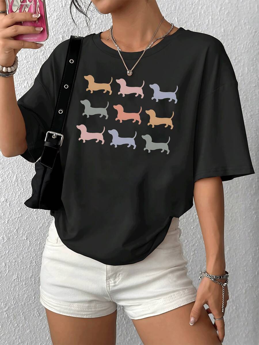 Camiseta con estampado gráfico de perro salchicha multicolor para mujer, informal, de manga corta y cuello redondo, para primavera y verano, 100 % algodón (220 g de grosor). - Negro - Ver 1