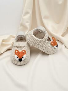 1 Pair Infant Knit Booties With Fox Design, White And Beige, Mary Jane Style With Button Strap - Beige - View 6