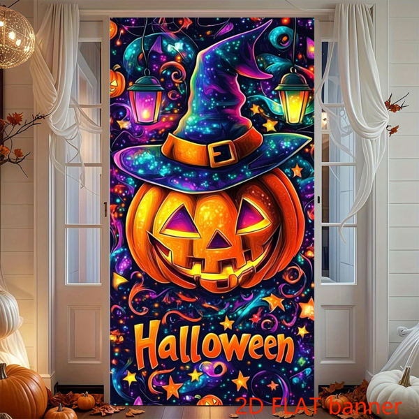 Decoración de fiesta de Halloween con calabaza plana 2D, gran tela de puerta de Halloween para puerta principal, decoración del porche, cortina de pared exterior, telón de fondo para cabina fotográfica de Halloween, adecuado para decoración de Halloween