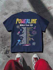 Powerline World Tour '95 Graphic Tee Casual T Shirt Double Printed 100% Cotton With Cities And Countries Print Peace Sign Atom Flower Design - 藍色 - 查看 3