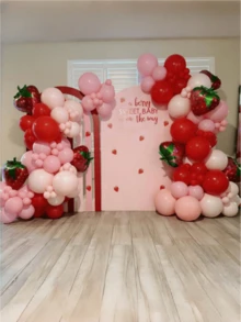 58/114pcs Strawberry Balloon Arch Garland Kit, Red And Pink Balloons With 28inch Strawberry Foil Balloons For Sweet One Berry First Birthday BabyShower Strawberry Party Decorations
