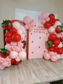 58/114pcs Strawberry Balloon Arch Garland Kit, Red And Pink Balloons With 28inch Strawberry Foil Balloons For Sweet One Berry First Birthday BabyShower Strawberry Party Decorations