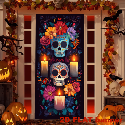 Cortina de puerta plana 2D del Día de Muertos, Altar Mexicano, Calavera de Azúcar del Día de Muertos Decoraciones y Suministros para Fiestas en el Hogar, Fondo de Fotocabina Feliz Halloween _ Decoración Multiusos para Fiestas y Eventos en Interiores/Exteriores _ Poliéster, Sin Electricidad Requerida, Perfecto para Decoración de Halloween