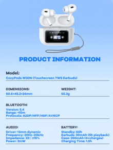 Upgraded Remax Wireless Bluetooth Earbuds With Display Screen, Wireless Stereo Earphones, Touch Control, Earphone Mini, Comfortable Sweatproof Sport Earphones, Earphone Design, White - trắng - Xem 11