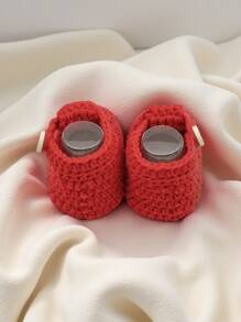 1 Pair Hand-Crocheted Red Button-Closure Infant Shoes - Red - View 7