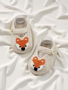 1 Pair Infant Knit Booties With Fox Design, White And Beige, Mary Jane Style With Button Strap - Beige - View 3