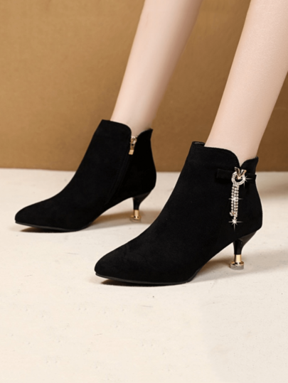 Fashionable Women's Ankle Boots For Autumn/Winter, Elegant High Heel Boots Comfortable Low Heel Warm Ankle Boots Pointed Toe High Heel Shoes With Tassel, Rhinestone And Bow Decor, Suitable For Party And Daily Wear