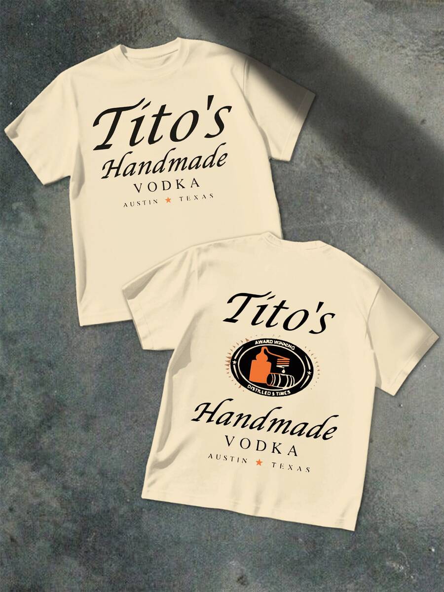 Camiseta casual de algodón 100% con doble impresión del gráfico de Tito's Handmade Vodka Austin Texas - Albaricoque - Ver 1