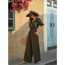 [Polyester Jumpsuit] Polyester Women's Casual V-Neck Jumpsuit | Wide-Leg Pantsuit With Petal Sleeves, Elastic Waistband | Machine Washable, Solid Color, Ideal For Daily & Commuting, Spring To Autumn Fashion - 杏色 - 查看 2
