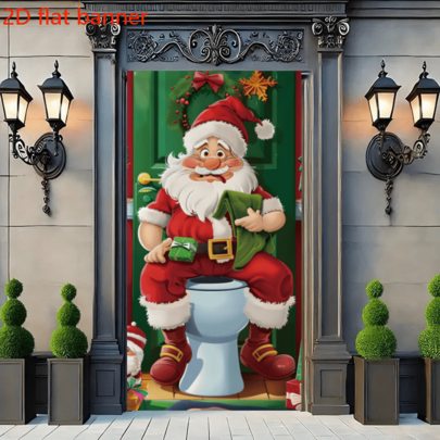 2D Flat Santa Claus On Toilet Seat Door Cover, Christmas Home Party Decoration Background Cloth