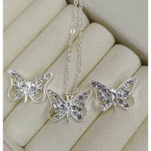 Butterfly Necklace + Earrings Kit With Pink, Colorful, White Zirconia Plated For Women, Gold Plated - 銀鋯石 - 查看 2