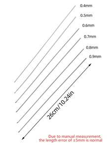 5支装不锈钢长串珠针，规格分别为0.4mm/0.5mm/0.6mm/0.7mm/0.8mm/0.9mm，长度10.24英寸，DIY珠宝制作工具，适用于工艺品制作和串珠。