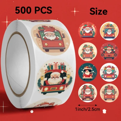 500张/卷圣诞老人驾驶汽车贴纸，尺寸：2.5厘米/1.0英寸，圆形，儿童贴纸，万圣节贴纸。圣诞礼物，首选礼物。可装饰在文具盒、书饰、信封、礼品封口标签等您喜爱的商品上。