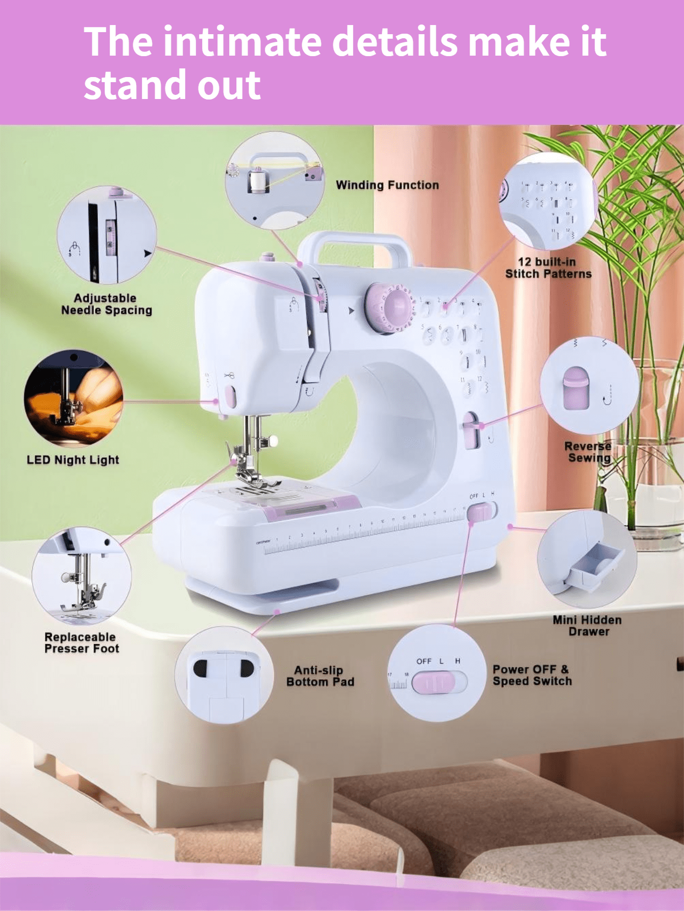 1pc Electric Sewing Machine, Portable Mini Sewing Machine For Home Use, 12 Stitches, Speed Adjustment, Automatic Threader, Foot Pedal With Night Light, Purple, DIY Crafting & Repair Tool, Great Gift For Parents, Christmas Or Halloween - EU C Type Plug(220-240V) - View 5