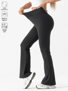 1pc Women's High Waist Wide Belt Criss-Cross Flare Leg Pants, Fitness Casual Trousers Suitable For Golf, Hiking, Camping, Outdoor Activities - Black - View 5