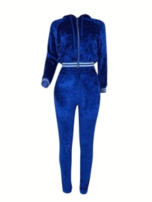 2 pièces Ensemble de survêtement en velours à capuche et côtelé pour femmes, vêtements de sport casual