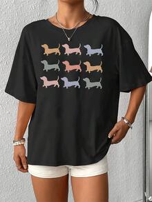 Camiseta con estampado gráfico de perro salchicha multicolor para mujer, informal, de manga corta y cuello redondo, para primavera y verano, 100 % algodón (220 g de grosor). - Negro - Ver 4