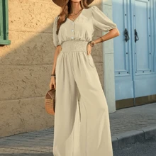 [Polyester Jumpsuit] Polyester Women's Casual V-Neck Jumpsuit | Wide-Leg Pantsuit With Petal Sleeves, Elastic Waistband | Machine Washable, Solid Color, Ideal For Daily & Commuting, Spring To Autumn Fashion - 杏色 - 查看 1