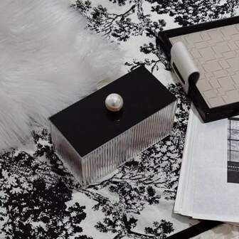 1 创意简约仿珍珠清洁棉签化妆棉盒，亚克力化妆品收纳盒，条纹透明圣诞礼盒，女士桌面收纳整理器旅行必需品返校宿舍收纳秋季装饰