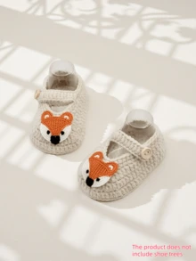 1 Pair Infant Knit Booties With Fox Design, White And Beige, Mary Jane Style With Button Strap - Beige - View 9