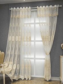 1pc European High-End Embroidered Curtain, Suitable For Living Room & Bedroom, Luxury Embossed Embroidery Curtain With Beaded Screen, Bedroom Sheer Voile Curtain - Multicolor - View 5