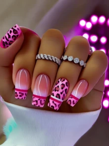 Leopard Nails Y2k Nails French Tip Nails This Mid-Length Square Nail Patch Is Detachable With 24 Pieces. The Pink Leopard Print Nail Patch Is Simple, Fashionable And High-End. It Is Suitable For Both Ladies And Girls.