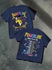 Powerline World Tour '95 Graphic Tee Casual T Shirt Double Printed 100% Cotton With Cities And Countries Print Peace Sign Atom Flower Design - 藍色 - 查看 1