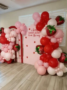 58/114pcs Strawberry Balloon Arch Garland Kit, Red And Pink Balloons With 28inch Strawberry Foil Balloons For Sweet One Berry First Birthday BabyShower Strawberry Party Decorations