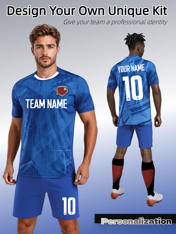 2pcs Custom Soccer Kit: Fully Personalizable. Chelsea Blue Patterns With Black Trim Offer Edgy Style, Combined With Flexible, Breathable Fabric. Designed For Creative Teams, Matches, And Showcasing Unique Individuality Through Bold, Fashion - Forward Design.