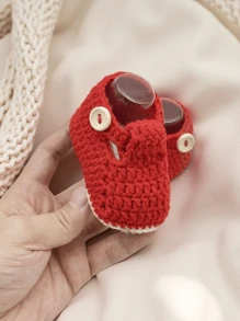 1 Pair Hand-Crocheted Red Button-Closure Infant Shoes - Red - View 2