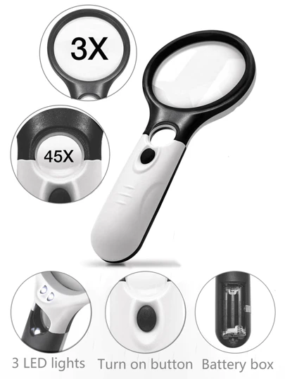 1 pièce Loupe éclairée à LED avec 3 ampoules LED, loupe de lecture à double lentille 45X/3X portable, convient pour la lecture des personnes âgées, la réparation, la collection, le meilleur cadeau pour la famille et les aînés, décorations de Noël 2025, décorations d'Halloween, décorations de Noël pour la maison, décorations de chambre, maison, cuisine