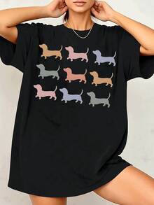 Camiseta con estampado gráfico de perro salchicha multicolor para mujer, informal, de manga corta y cuello redondo, para primavera y verano, 100 % algodón (220 g de grosor). - Negro - Ver 3