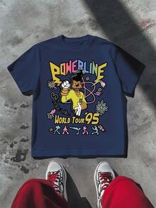 Powerline World Tour '95 Graphic Tee Casual T Shirt Double Printed 100% Cotton With Cities And Countries Print Peace Sign Atom Flower Design - 藍色 - 查看 2