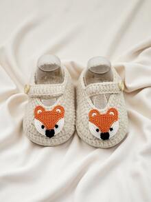 1 Pair Infant Knit Booties With Fox Design, White And Beige, Mary Jane Style With Button Strap - Beige - View 4