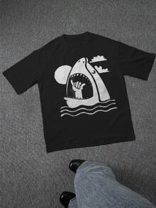 Men's Black Graphic TShirt Cool Shark Ocean Wave Shaka Sign Summer Casual Style Tee Shirt For Men  Hand Gesture,  Funny Surfing Design, Short Sleeve, Soft Cotton Blend - 黑色 - 查看 2