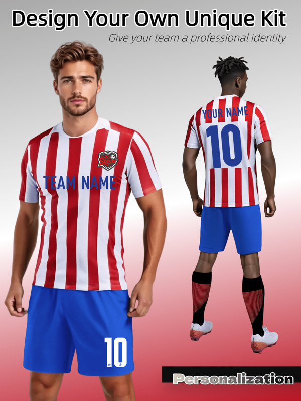 2pcs Classic Vertical-Striped Soccer Set –Atletico Madrid Timeless Red-White Stripes Paired With Blue Shorts/Socks Create High-Visibility Contrast. Durable, Stretch-Resistant Fabric Withstands Aggressive Play, While The Traditional Design Ensures Instant Team Recognition. Perfect For Competitive Leagues Or Clubs Valuing Heritage-Inspired Style.