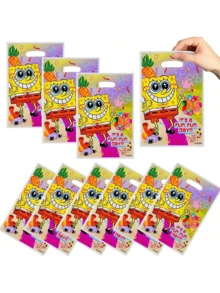 100个海绵宝宝礼品袋 - 卡通人物购物袋、生日派对珠光袋、生日快乐主题糖果袋、塑料纪念品袋