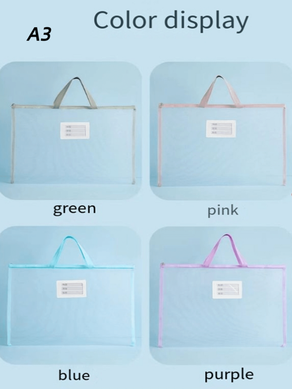 1pc Thick Carry Handle A2/A3/A4 File Folder, Storage Bag With Transparent Mesh, 2 Styles Of Mesh Grid Zipper Bag, Suitable For Student Exam Papers, Art Supplies Storage