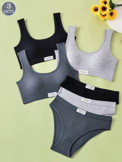 3SETS Women's U-Back Design Solid Color Bra And Panty Set, Simple And Casual Style, Comfortable Without Underwire, Shock-Absorbing And High-Strength-Tough, Suitable For Daily Indoor Sports Vest/Bra Set