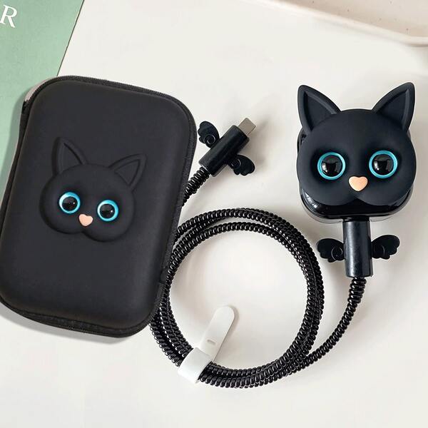 Protector de cable de carga y adaptador de gato negro, adecuado para cargador rápido Apple de 20W con enchufe del Reino Unido, bolsa de almacenamiento para cable de datos/cargador con enchufe del Reino Unido, protector de adaptador de carga